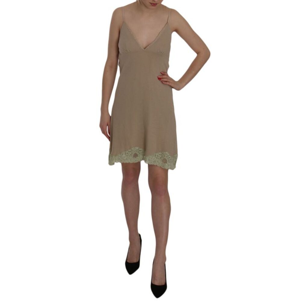 PINK MEMORIES Beige Lace Spaghetti Strap Mini Cotton Women's Dress